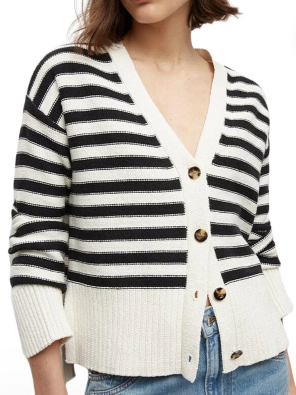🍃💕VERONICA BEARD Saylor Stripe Cotton Button Front Cardigan Off White/Black